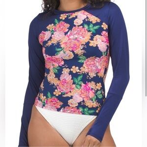 Maaji Navy Floral Long-Sleeve Swim Top with Pink & Green Accents